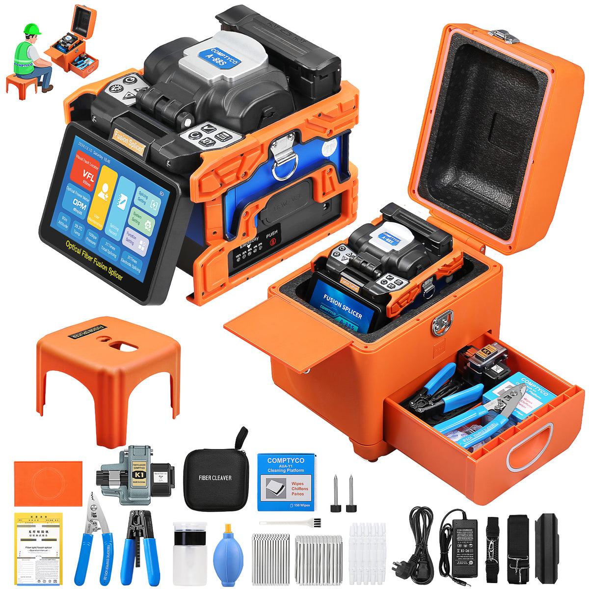 COMPTYCO A-88S Optical Fiber Welding Machine with OPM/VFL 5 Inch Touch Screen 10 Languages 6 Motors Fiber Optic Fusion S
