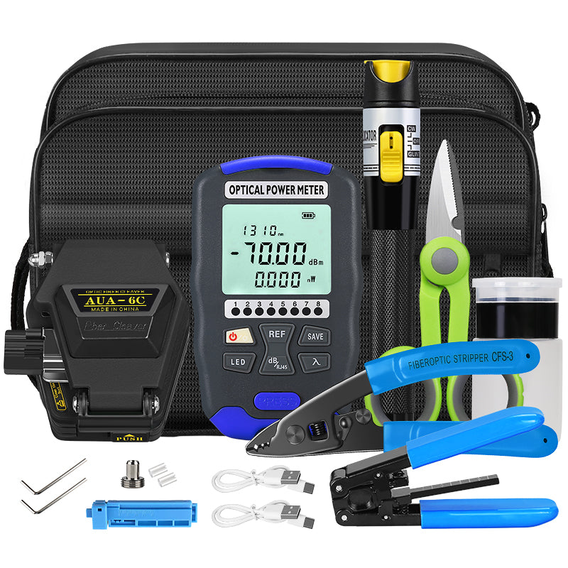 FTTH Fiber Tool Set with Recharge OPM and VFL Optical Power Meter 15mw Visual Fault Locator AUA-6C Fiber Cleaver Fiber T