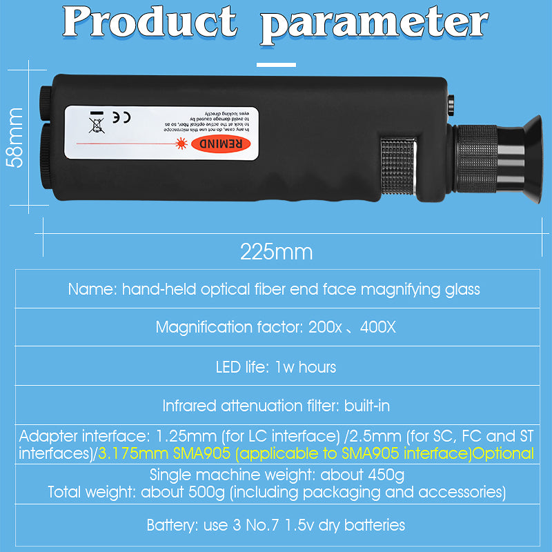 200X/400X LED Handheld Anti Slip Rubber SC/FC/LC/ST/SMA905 Connection 1.25/2.5/3.175MM Fiber Optic Inspection Microscope