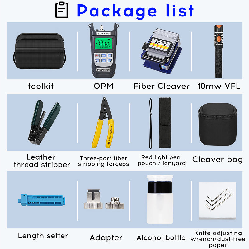 FTTH 12pcs Fiber Tool Set with Fiber Cleaver Optical Power Meter Visual Fault Locator Fiber Stripper OPM VFL Kit De Fibr