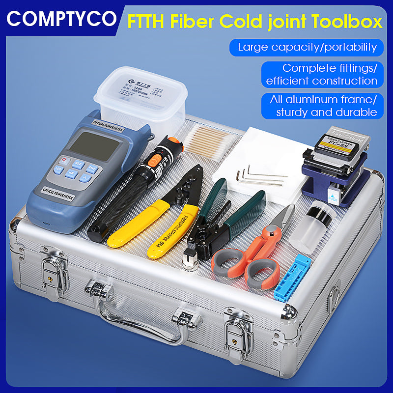 COMPTYCO FTTH 20pcs Fiber Tool Kit Optical Fiber Splicing Tool Box Fiber Cleaver VFL OPM Optic Tool Kit Box Kit Fibra Op