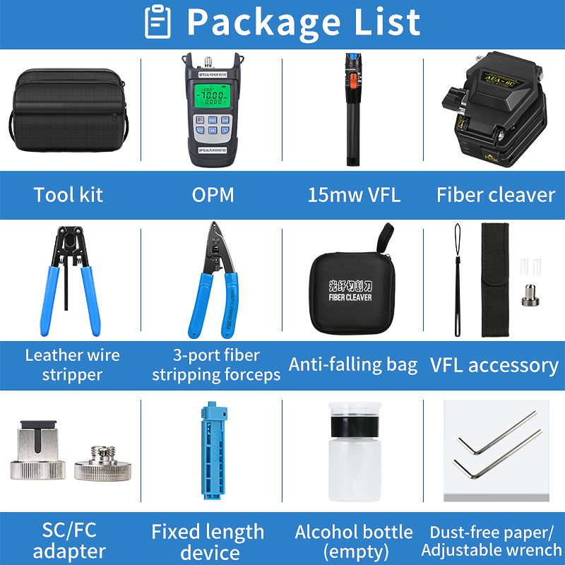 Fiber Tool Set AUA-6C Fiber Cleaver Optical Power Meter 15mw Visual Fault Locator OPM VFL FTTH Optical Fiber Tool Kit