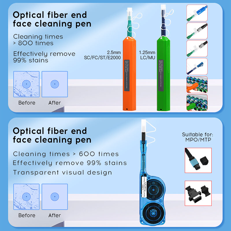 COMPTYCO Fiber Cleaning Tool Kit 14pcs One Click 1.25/2.5mm MPO Cleaning Pen/Box 400X Fiber Optic Microscope Fiber Optic