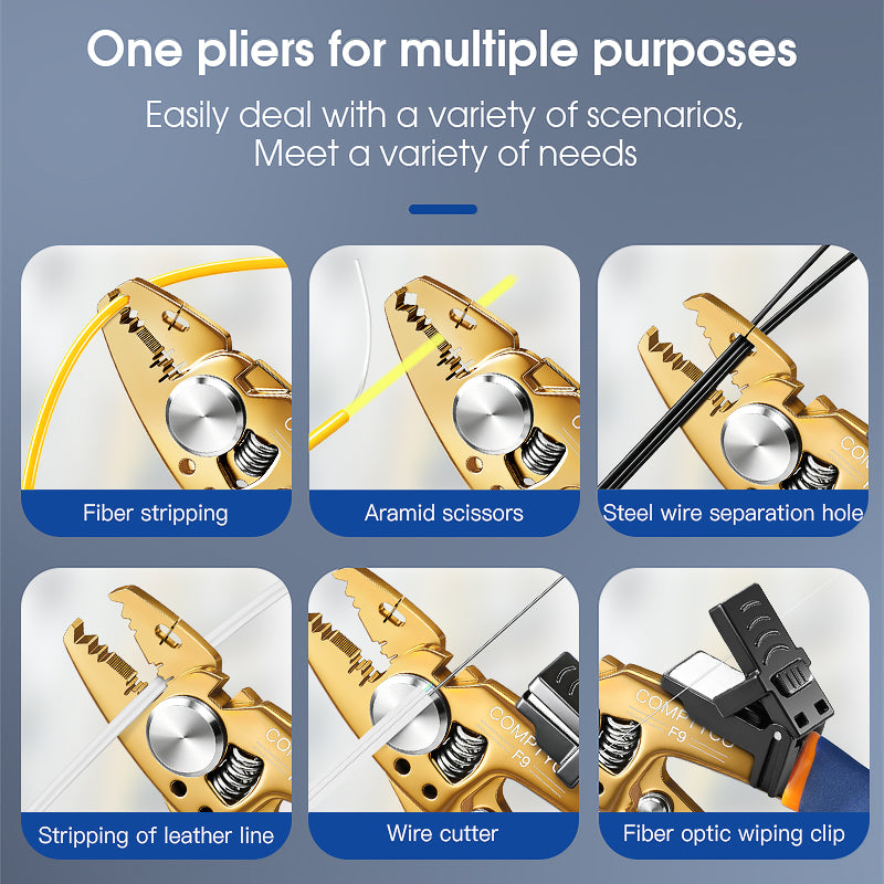 COMPTYCO 9-in-1 Multi-function Fiber Optic Miller Stripper Pliers 420 Stainless Steel FTTH Fiber Tool F9 Optical Fiber S