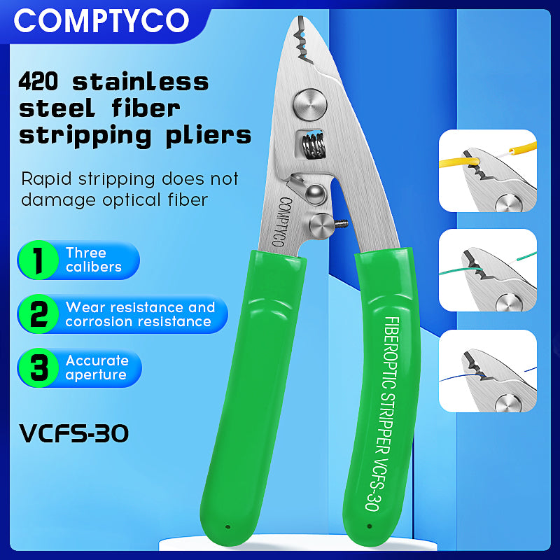 COMPTYCO VCFS-30 Stainless Steel Three Port Cable Stripper Green FTTH Fiber fusion Tool Bare Fiber Leather Fiber Strippe