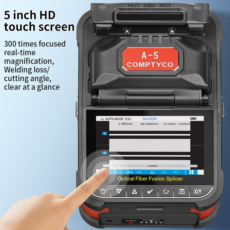 COMPTYCO A-5 Optical Fiber Welding Machine with OPM and VFL 6 Motors 5 Inch Touchscreen 7800mAh Fiber Optic Fusion Splic
