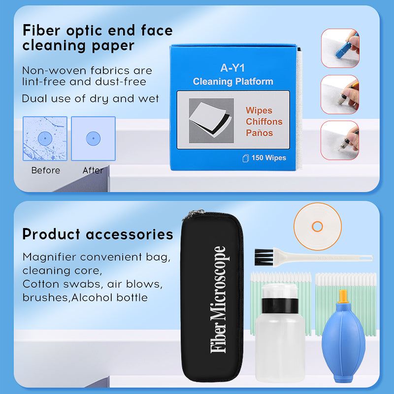 COMPTYCO Fiber Cleaning Tool Kit 13pcs One Click 1.25/2.5mm Cleaning Pen/Box 400X Fiber Optic Microscope Fiber Optic Cle