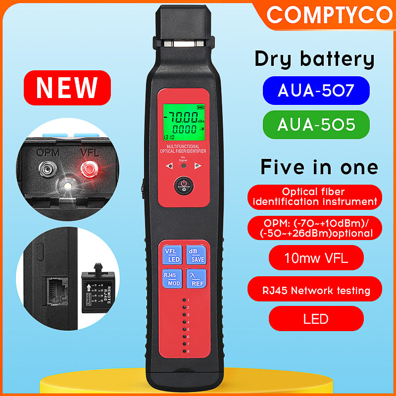 COMPTYCO AUA-507/505 Dry Battery OFI+OPM+10mw VFL+RJ45 Network Tester+LED 5 in 1 SM MM Fiber Cable Fiber Optic Identifie