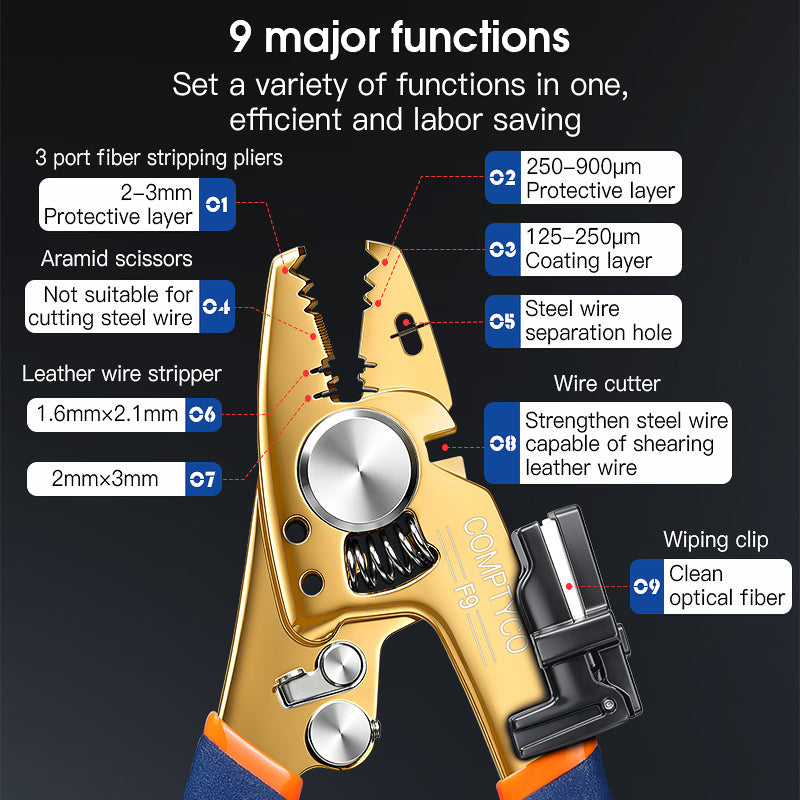 COMPTYCO 9-in-1 Multi-function Fiber Optic Miller Stripper Pliers 420 Stainless Steel FTTH Fiber Tool F9 Optical Fiber S