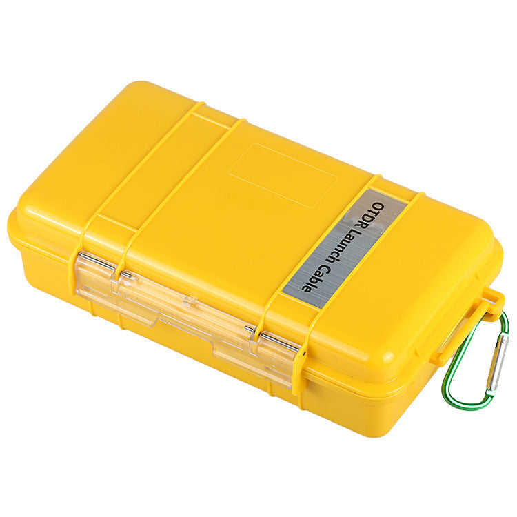 Riselink OTDR launch cable box, closed yellow protective case and latch