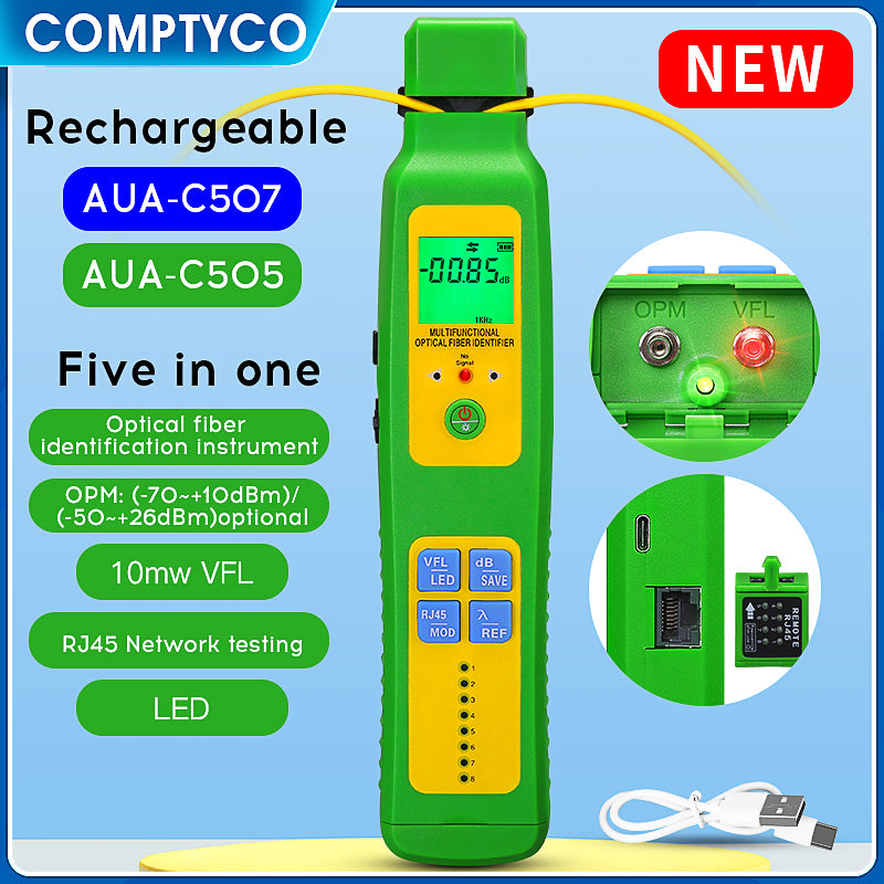 COMPTYCO Charging Style AUA-C507/505 OFI+OPM+10mw VFL+RJ45 Network Tester+LED 5 in 1 SM MM Fiber Cable Optic Fiber Ident