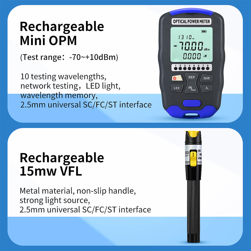 FTTH Fiber Tool Set with Recharge OPM and VFL Optical Power Meter 15mw Visual Fault Locator AUA-6C Fiber Cleaver Fiber T