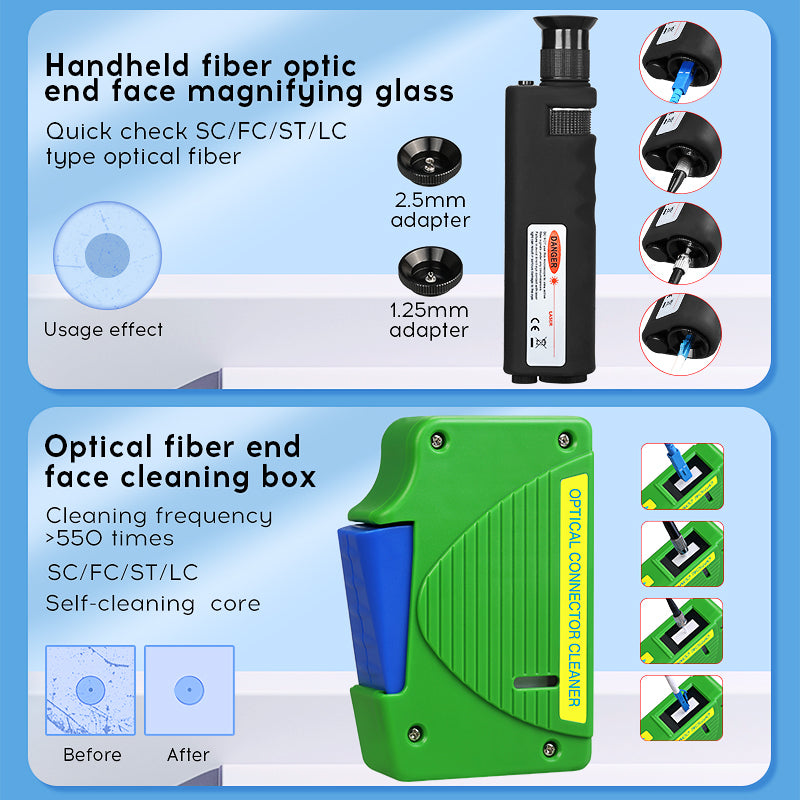 COMPTYCO Fiber Cleaning Tool Kit 14pcs One Click 1.25/2.5mm MPO Cleaning Pen/Box 400X Fiber Optic Microscope Fiber Optic