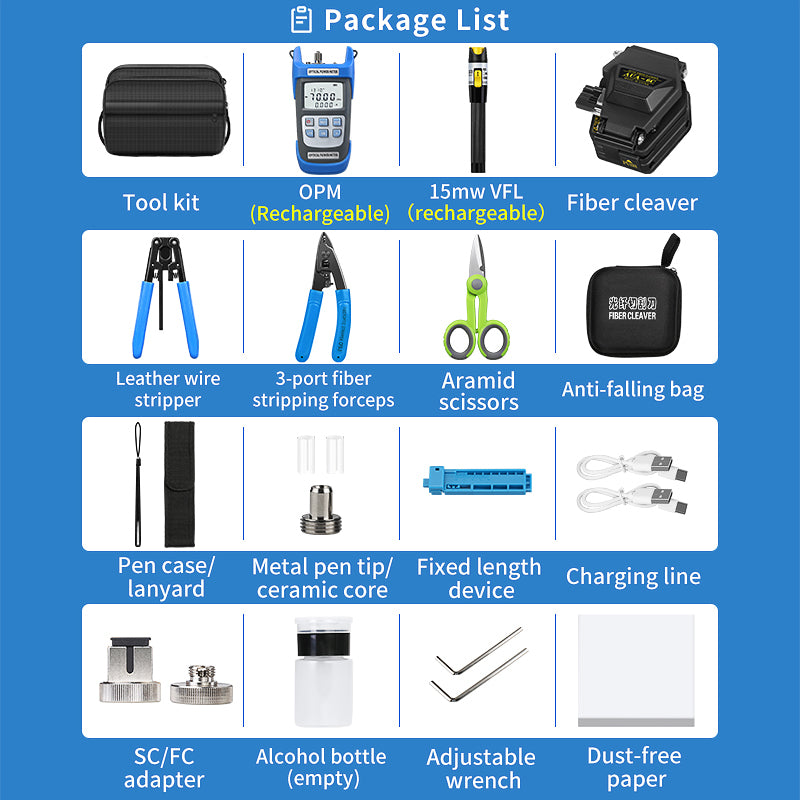 FTTH Fiber Tool Set with Recharge OPM VFL Optical Power Meter Visual Fault Locator Fiber Cleaver De Fibre Optique Fiber 