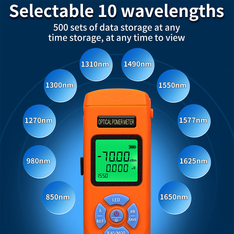 High Precision Rechargeable OPM with RJ45+LED AUA-C7/C5 Optical Fiber Tester 10 Wavelengths SC/FC/ST Mini Optical Power 