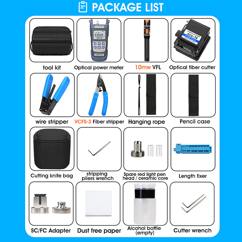 COMPTYCO Hot Sale FTTH Fiber Tool Kit with Cleaver and Optical Power Meter and Visual Fault Locator Mechanics Tool Sets