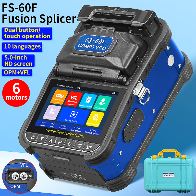 COMPTYCO Good Price FS-60F Fully Automatic Optical Fiber Welding Machine 6 Motor with OPM VFL 7800mAh Fiber Optic Fusion