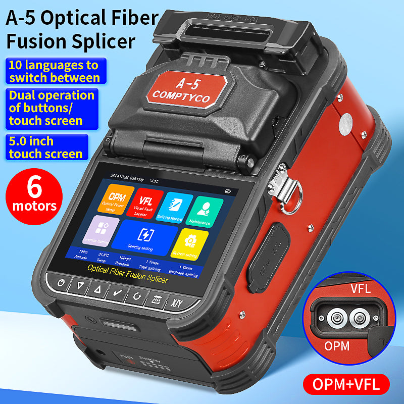 COMPTYCO A-5 FTTH Fiber Optic Cable Fusion Splicer 6 Motors 5inch Touch Screen Operation for Optical Fibre Splicing Mach