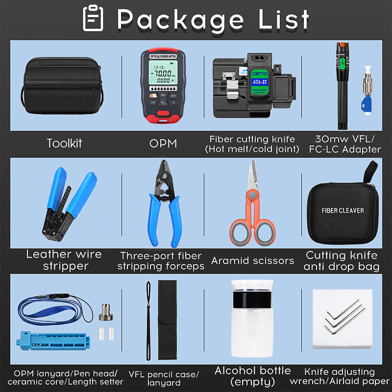 Fiber Tool Kit AUA-X5 Fiber Cleaver AUA-D7 Optical Power Meter AUA-30mw Visual Fault Locator OPM VFL Optical Fiber Tool 