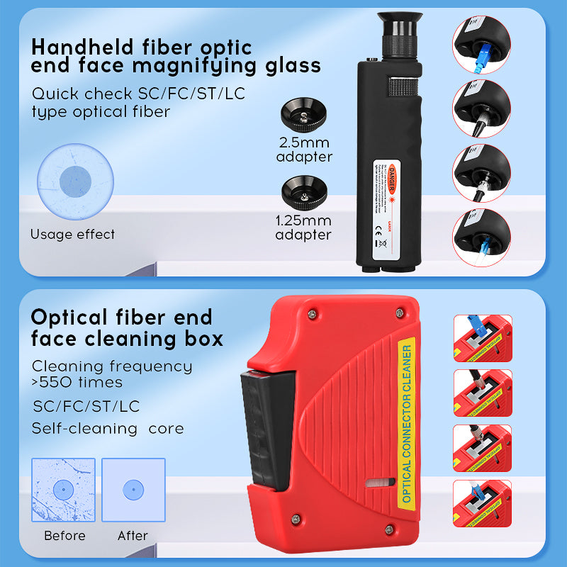 COMPTYCO Fiber Cleaning Tool Kit 13pcs One Click 1.25/2.5mm Cleaning Pen/Box 400X Fiber Optic Microscope Fiber Optic Cle