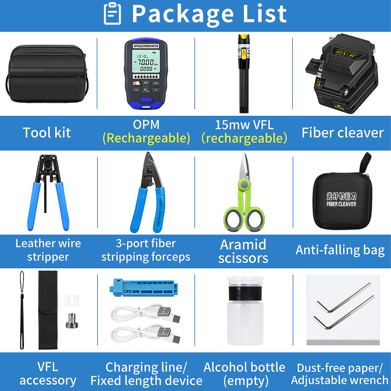 FTTH Fiber Tool Set with Recharge OPM and VFL Optical Power Meter 15mw Visual Fault Locator AUA-6C Fiber Cleaver Fiber T