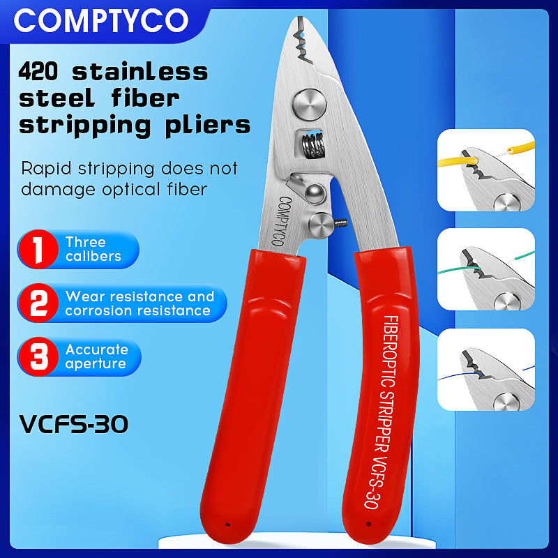 COMPTYCO Optical Fiber Wire Strippers FTTH Drop Cable WIRE Stripper Tool Stainless Steel Three Port Red Fiber Stripper