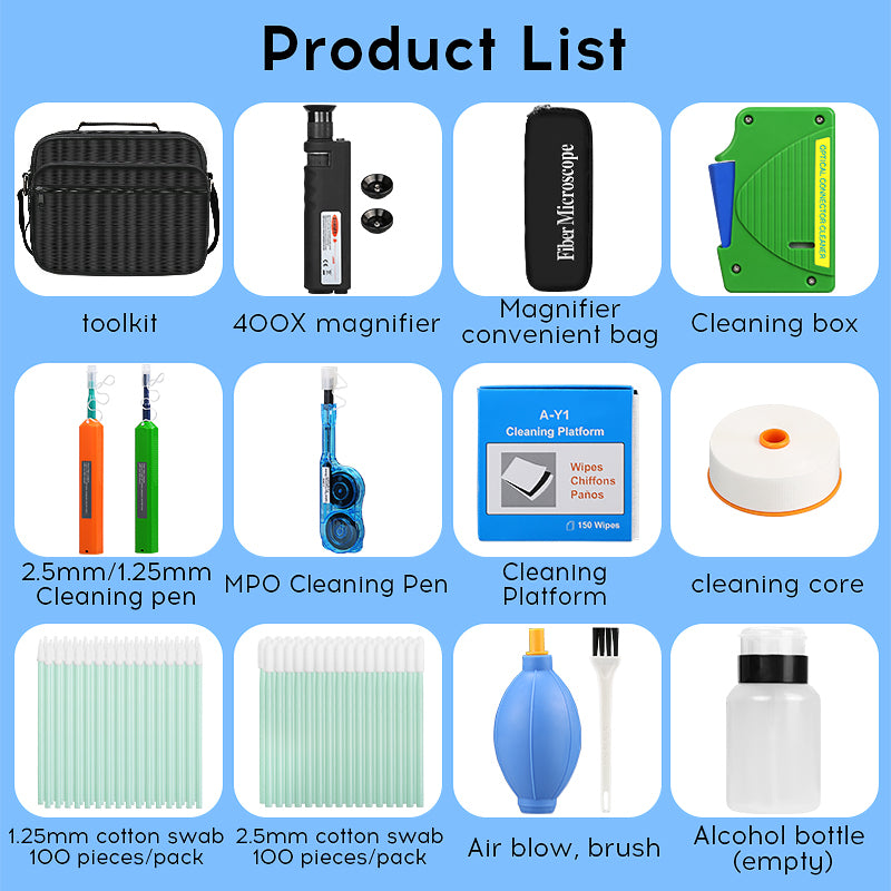 COMPTYCO Fiber Cleaning Tool Kit 14pcs One Click 1.25/2.5mm MPO Cleaning Pen/Box 400X Fiber Optic Microscope Fiber Optic