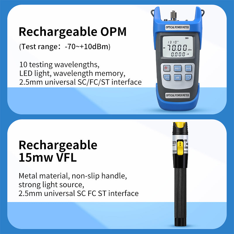 FTTH Fiber Tool Set with Recharge OPM VFL Optical Power Meter Visual Fault Locator Fiber Cleaver De Fibre Optique Fiber 