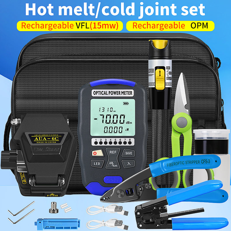 FTTH Fiber Tool Set with Recharge OPM and VFL Optical Power Meter 15mw Visual Fault Locator AUA-6C Fiber Cleaver Fiber T