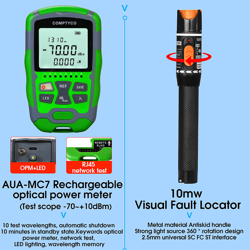 COMPTYCO AUA-MC7 Rechargeable Optical Power Meter - 70~+10dbm Fiber Cleaver Visual Fault Locator Fibra Optica Kit Fiber 