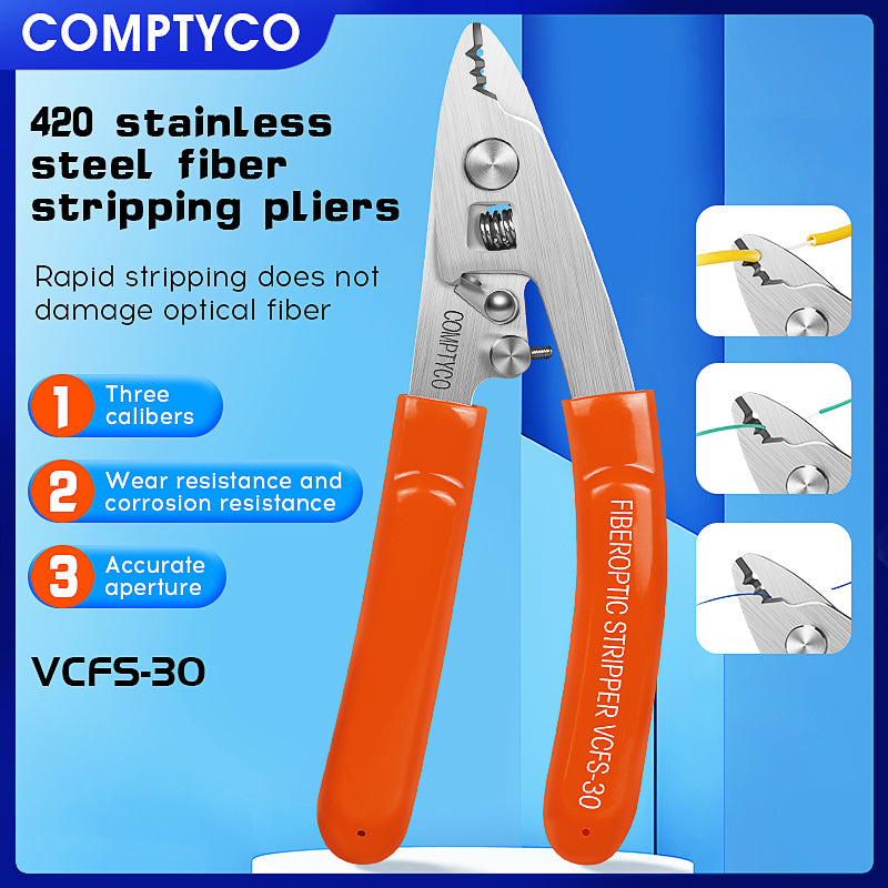 COMPTYCO VCFS-30 Stainless Steel Fiber Optical Stripper 3 Port Stripper FTTH Tools Optical Fiber Stripping Pliers Orange