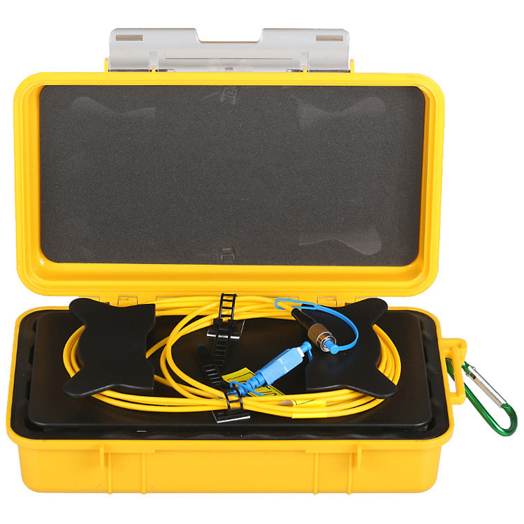 Riselink OTDR launch cable box, internal cable storage with example SC/UPC and FC/UPC connectors