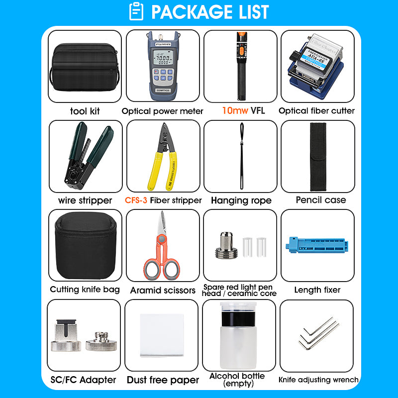 COMPTYCO 17pcs FTTH Fiber Optic Tools Kit with Fibra Optica Power Meter Visual Fault Locator Fiber Cleaver Kit De Fibre 