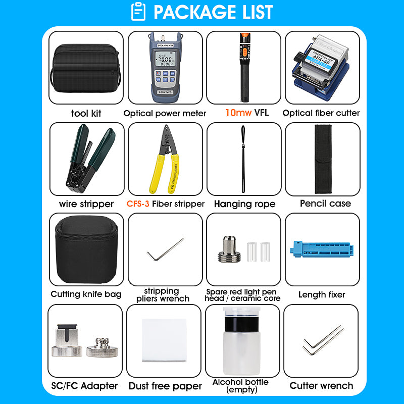 COMPTYCO 16pcs FTTH Fiber Optic Tools Kit with Fibra Optica Power Meter Visual Fault Locator Fiber Cleaver Kit De Fibre 