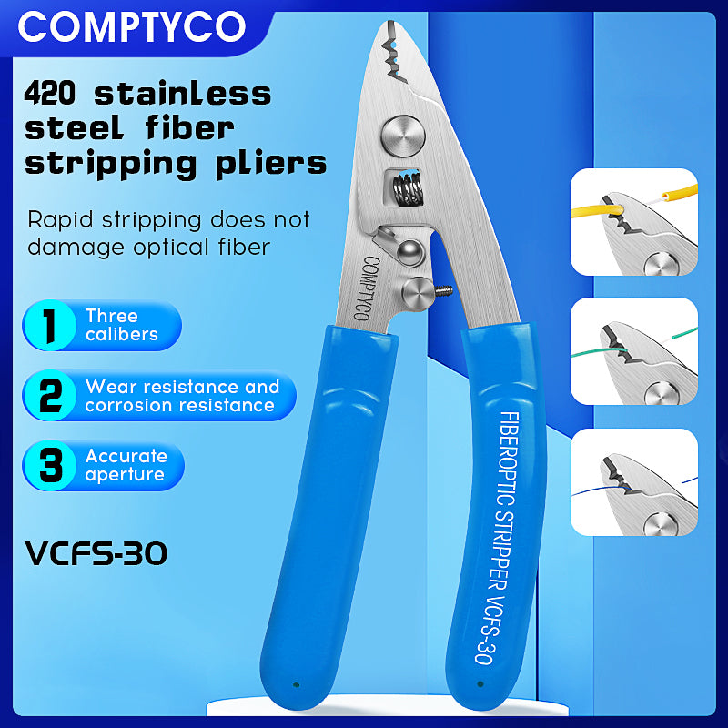 COMPTYCO VCFS-30 Optical Fiber Wire Strippers FTTH Drop Cable WIRE Stripper Tool Stainless Steel 3 Port Fiber Stripper