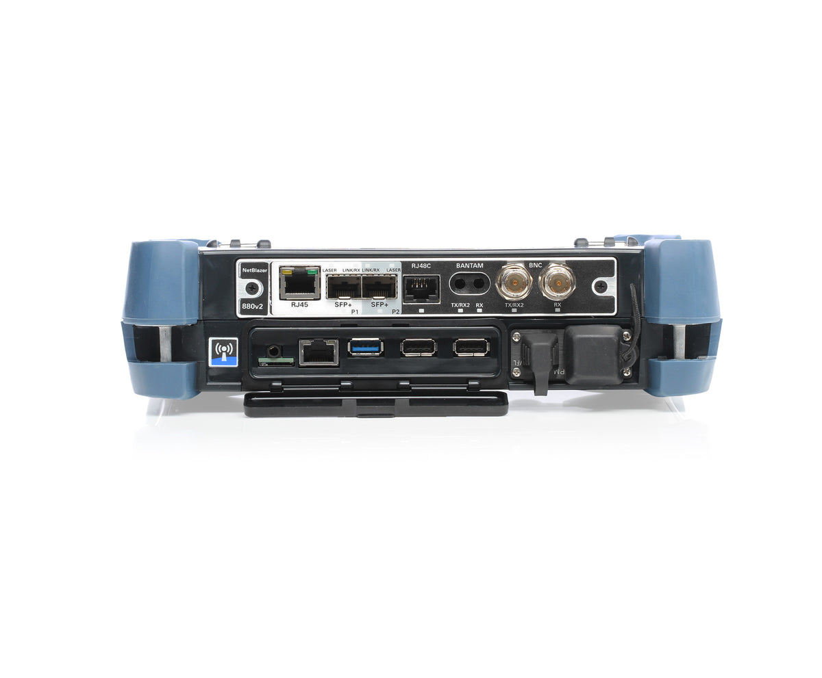 EXFO FTB-1v2 Pro platform interfaces with optional NetBlazer module shown; module not included by default.